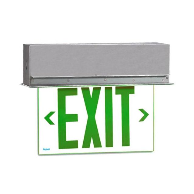 Surface Edge-Lit Exit Sign, 14.25 IN, 120-277V, Single Face, Mirror Panel, Green Lettering, 120-277V, Brushed Aluminum