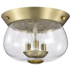 Satco Nuvo Boliver 3 Light Flush Mount, Vintage Brass Finish, Clear Seeded Glass